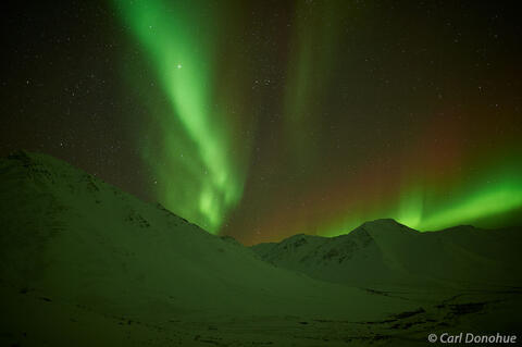 Green Aurora Borealis Columns Over Brooks Range, Arctic Alaska