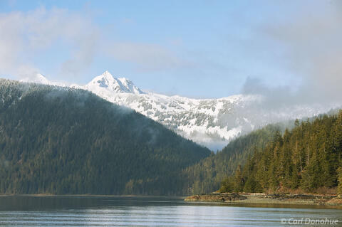 Snow-Covered Peaks and Forested Shoreline, Southeast Alaska