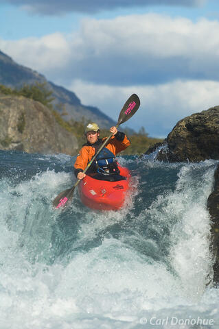 Whitewater kayaking waterfalls Baker River, Patagonia, Chile