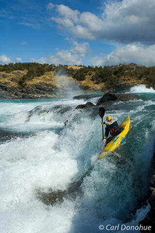 Whitewater kayaker running Baker River, Patagonia, Chile