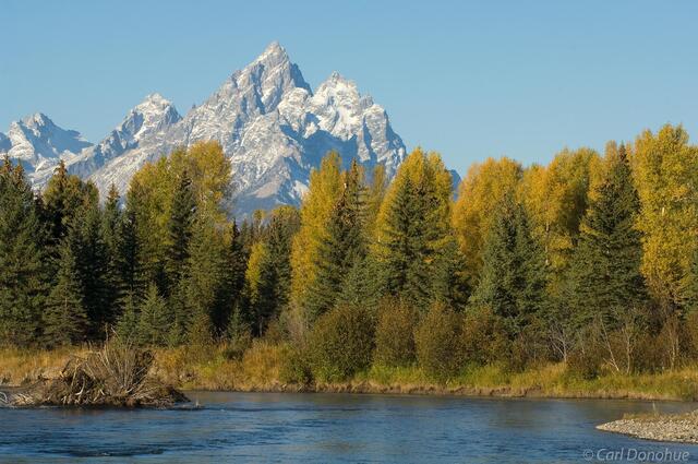 Grand Tetons at dawn, as seen from the Snake River, Grand Teton National Park, Wyoming.