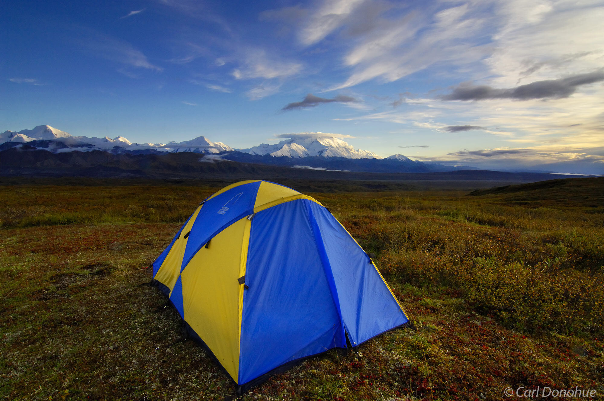 A backpacker's tentsite affords a nice view of Mt. Denali, Denali National Park, Alaska.