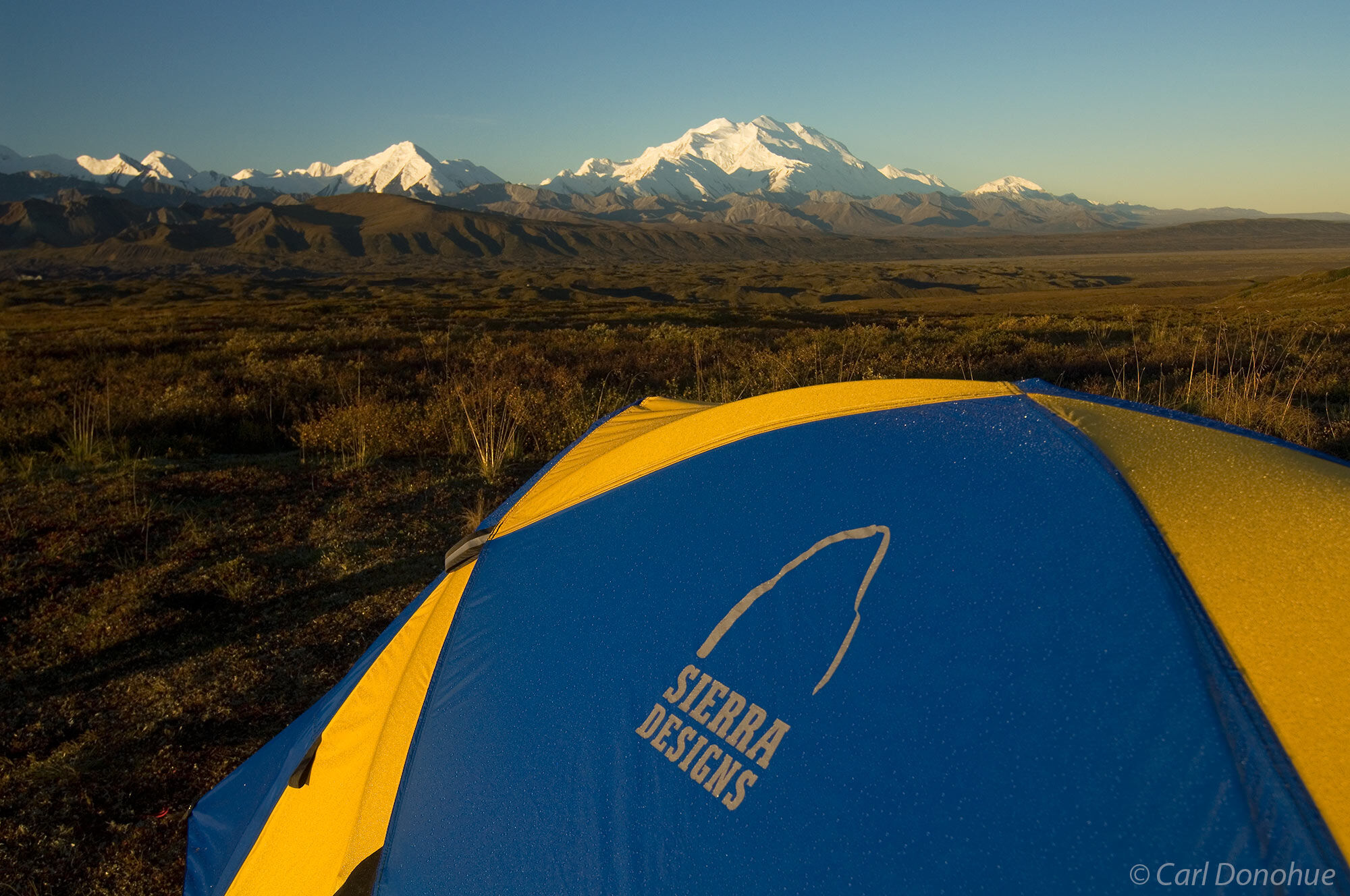 Backcountry camping, Sierra Designs tent covered in dew and frost one crisp fall morning, Mt. McKinley, Denali, Denali National...