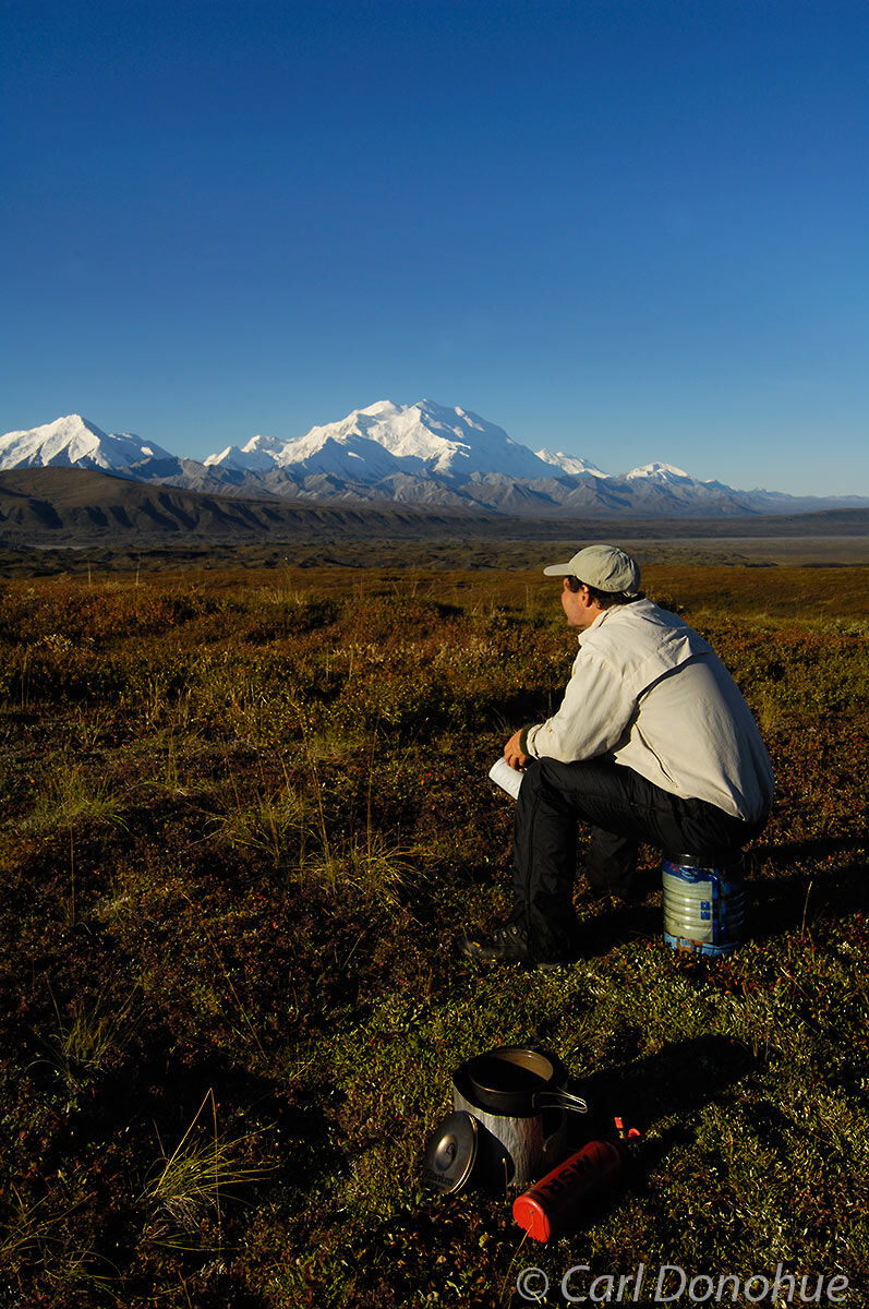 Backpacking in Denali National Park, affords great views like this one of Mt. McKinley, or "Denali", for breakfast, Denali National...