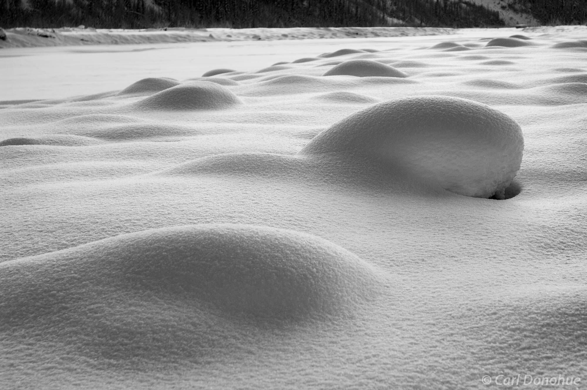 Snow covered boulders glisten in late evening sun. Winter light on fresh snow, along the frozen Kennicott River, or Kennecott...