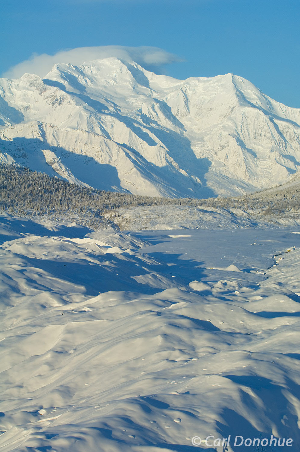 Mount Blackburn, across the Root Glacier and Donoho Basin, winter time, Wrangell-St. Elias National Park, Alaska.