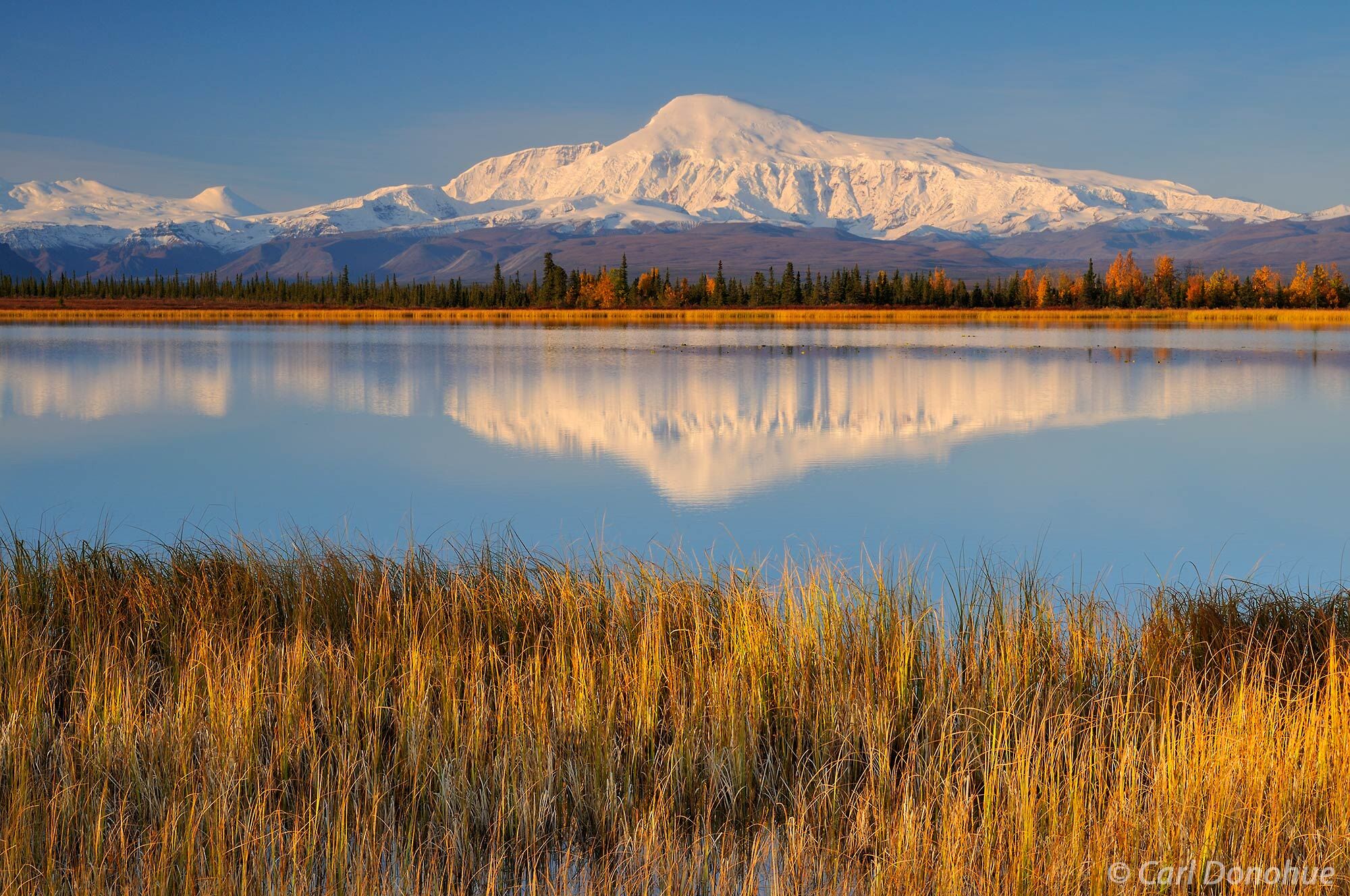 Mt Sanford and reflection in a small kettle pond, Fall colors on the tundra and Mt Zanetti in the background. Wrangell-St. Elias...
