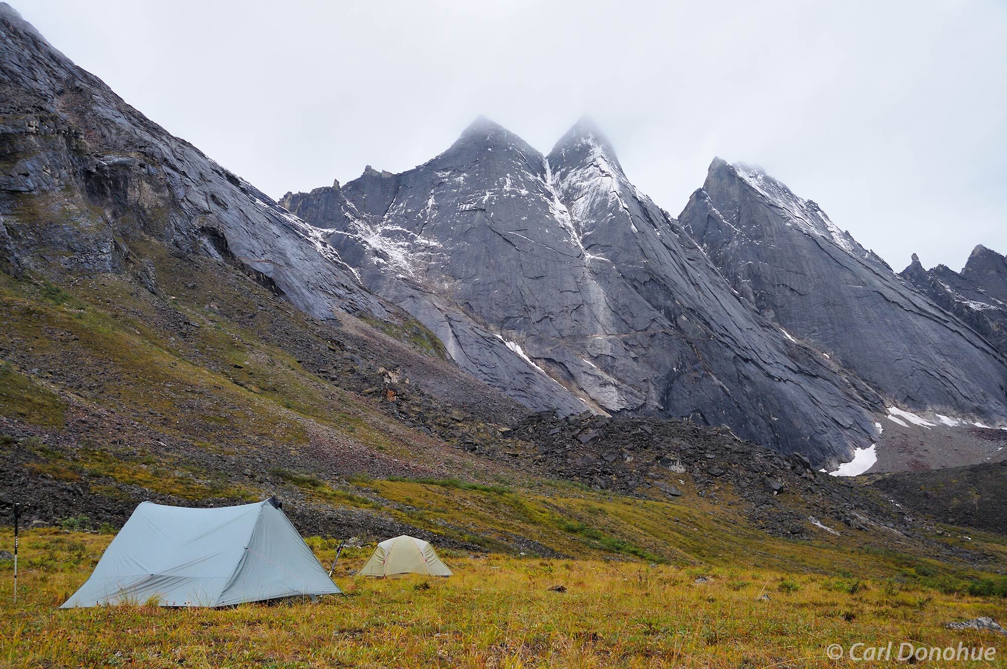 Backpacking campsite near Arrigetch Peaks, beneath the peaks known as “the Maidens, in Gates of the Arctic National Park and...