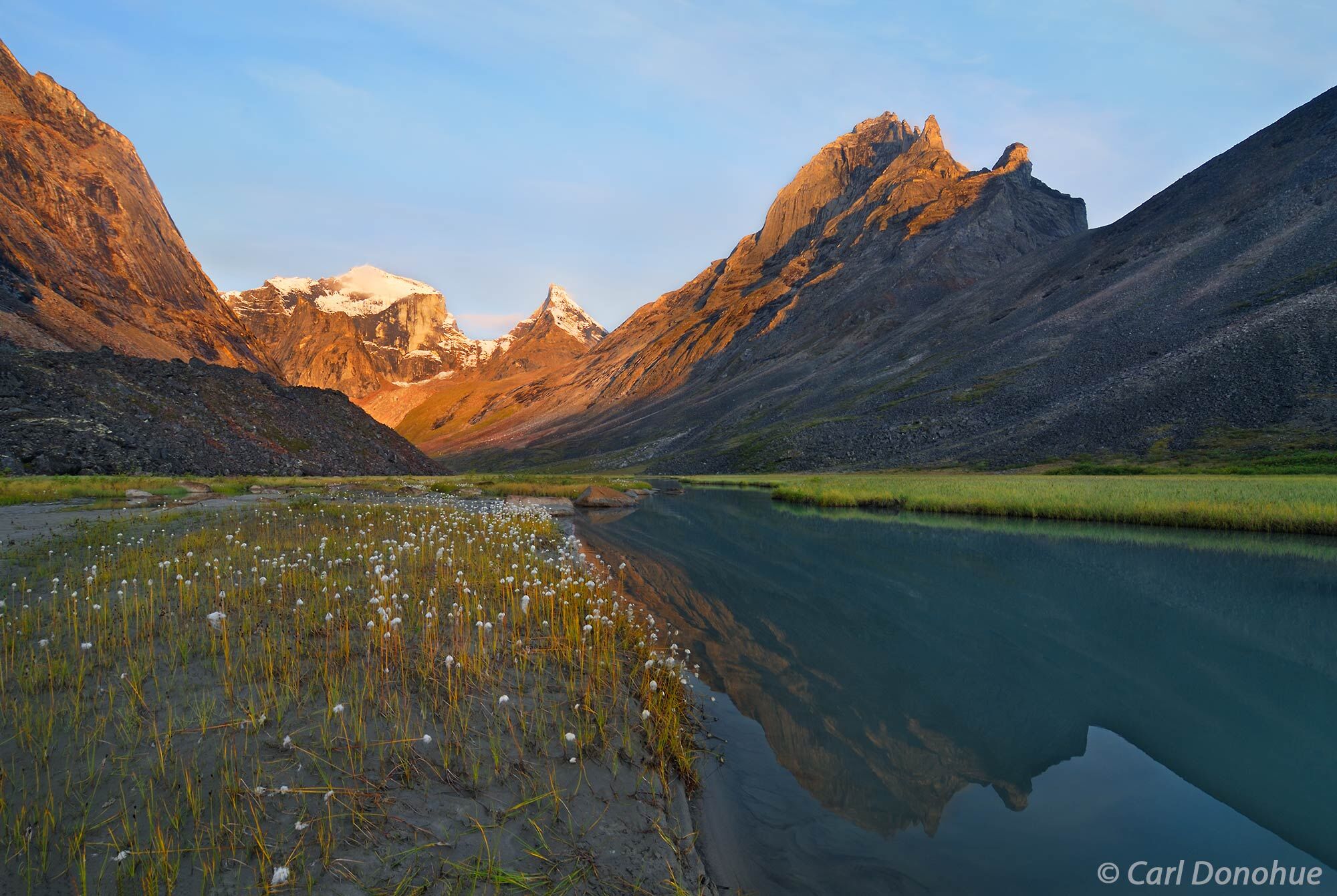 View up Arrigetch Creek toward the Arrigetch Peaks, Xanadu, Ariel and Caliban, from left to right. A popular rock climbing and...