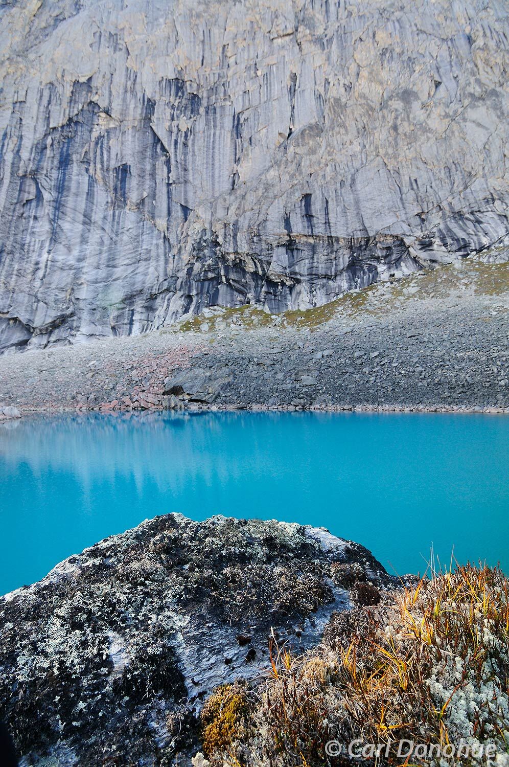 Glacial tarn and algae covered granite face, Arrigetch Peaks, Gates of the Arctic National Park and Preserve, Alaska.