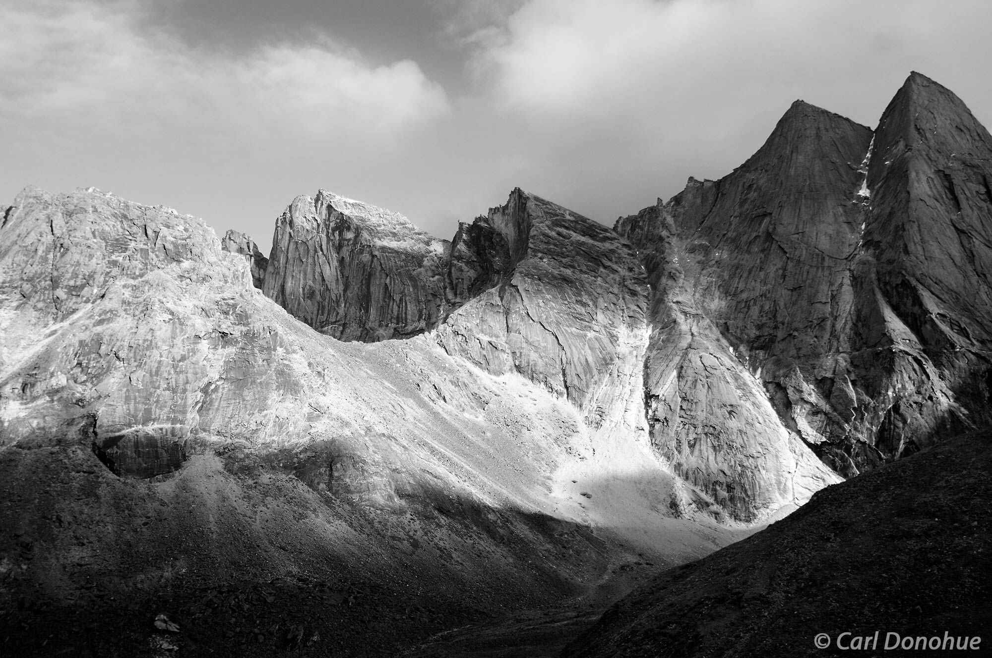 A black and white rendition of The Maidens, darlings of the world famous Arrigetch Peaks in the heart of the Brooks Mountain...