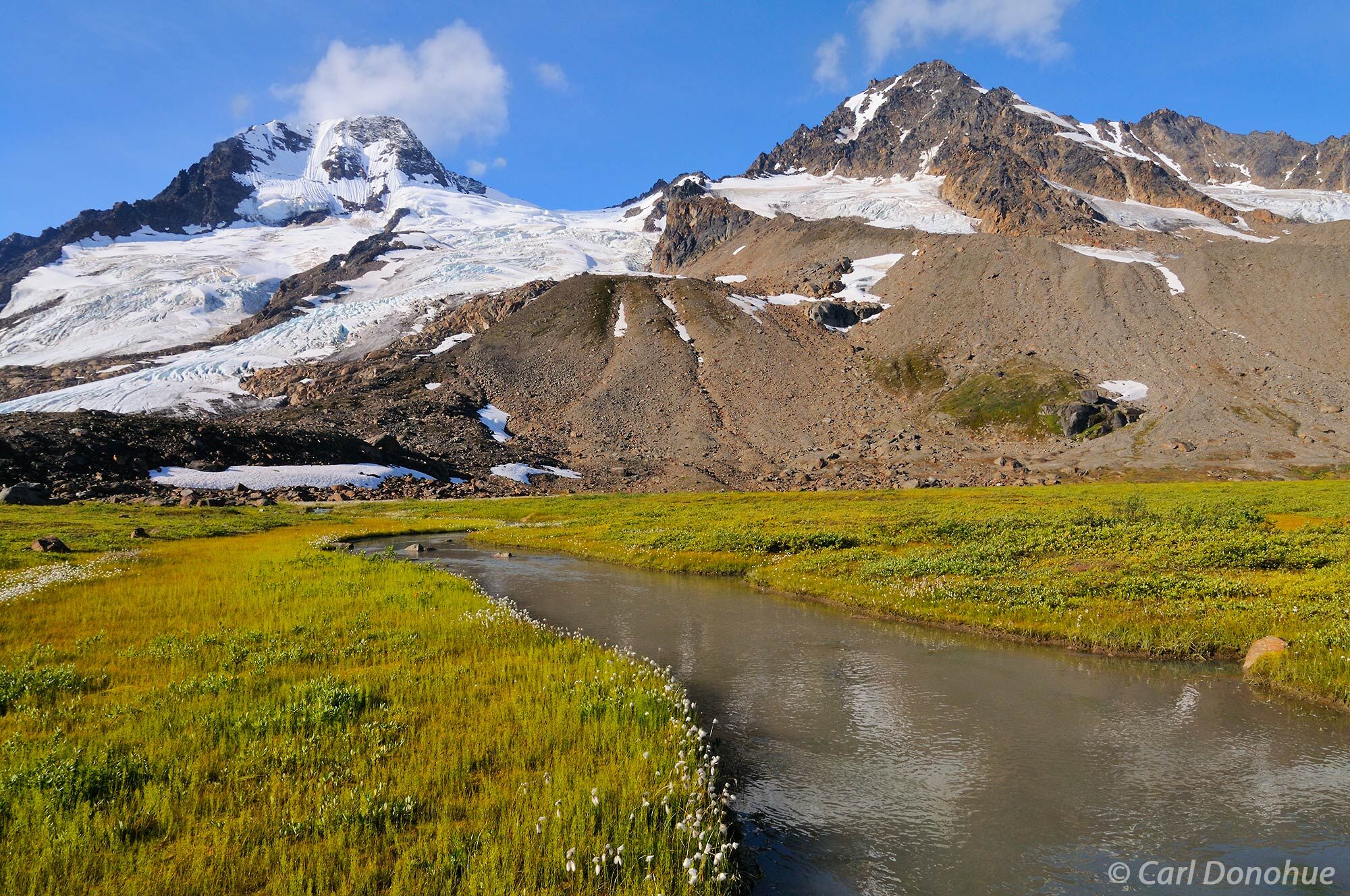 Small tributary glacial stream and unnamed glacier, near Iceberg lake,  in the Chugach Mountains, Alaska Cotton Grass, Wrangell...