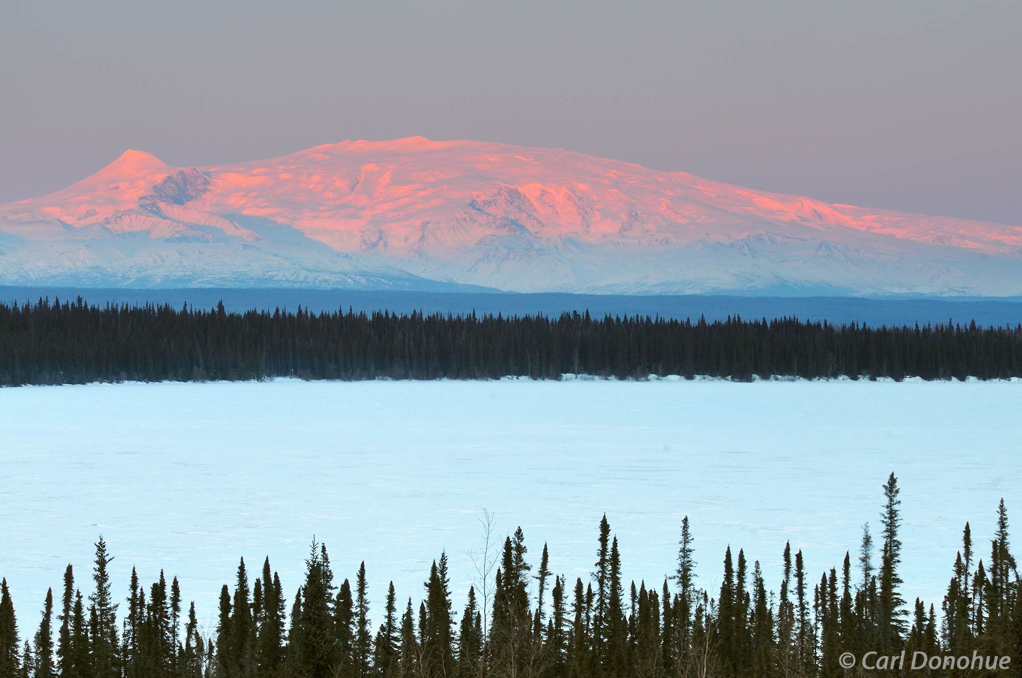 Willow Lake, frozen and snow covered, view across the Copper River basin to Mount Wrangell and Mt Zanetti, winter, alpenglow...