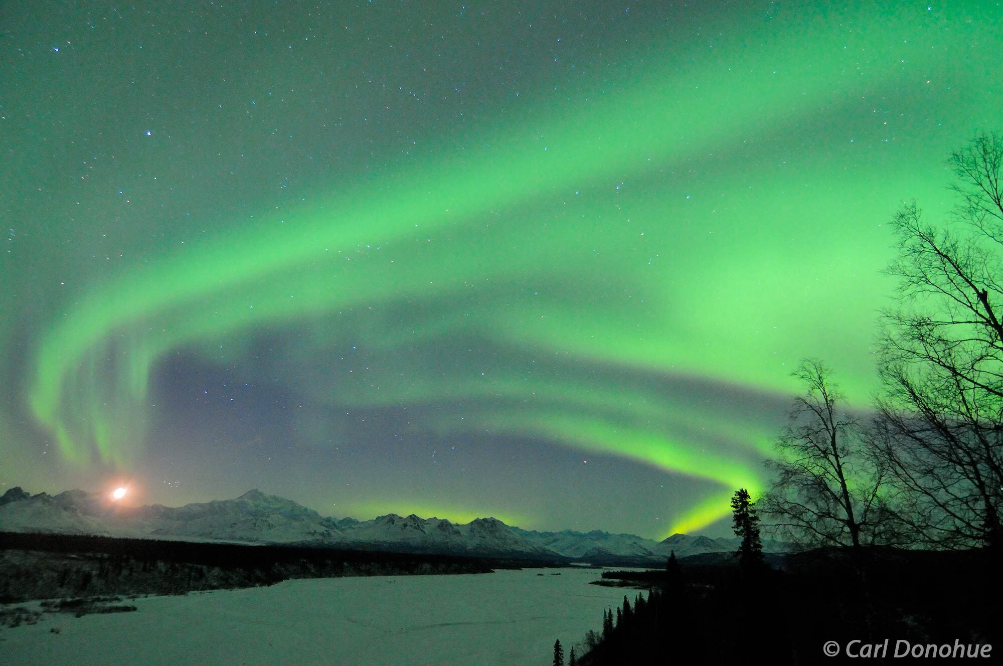 Aurora borealis lights up the winter night sky over Mt McKinley, highest mountain in North America, also called Denali. The Waxing...