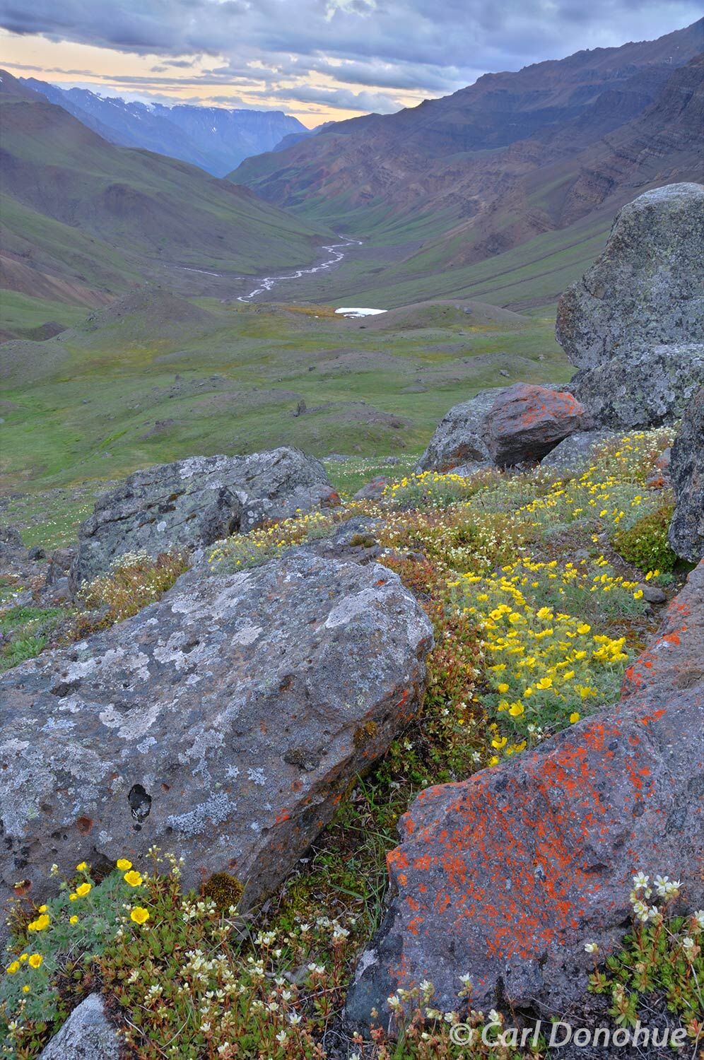 View down Chitistone Valley, or Chitistone Canyon, towards the Goat Trail, in Wrangell-St. Elias National Park and Preserve...