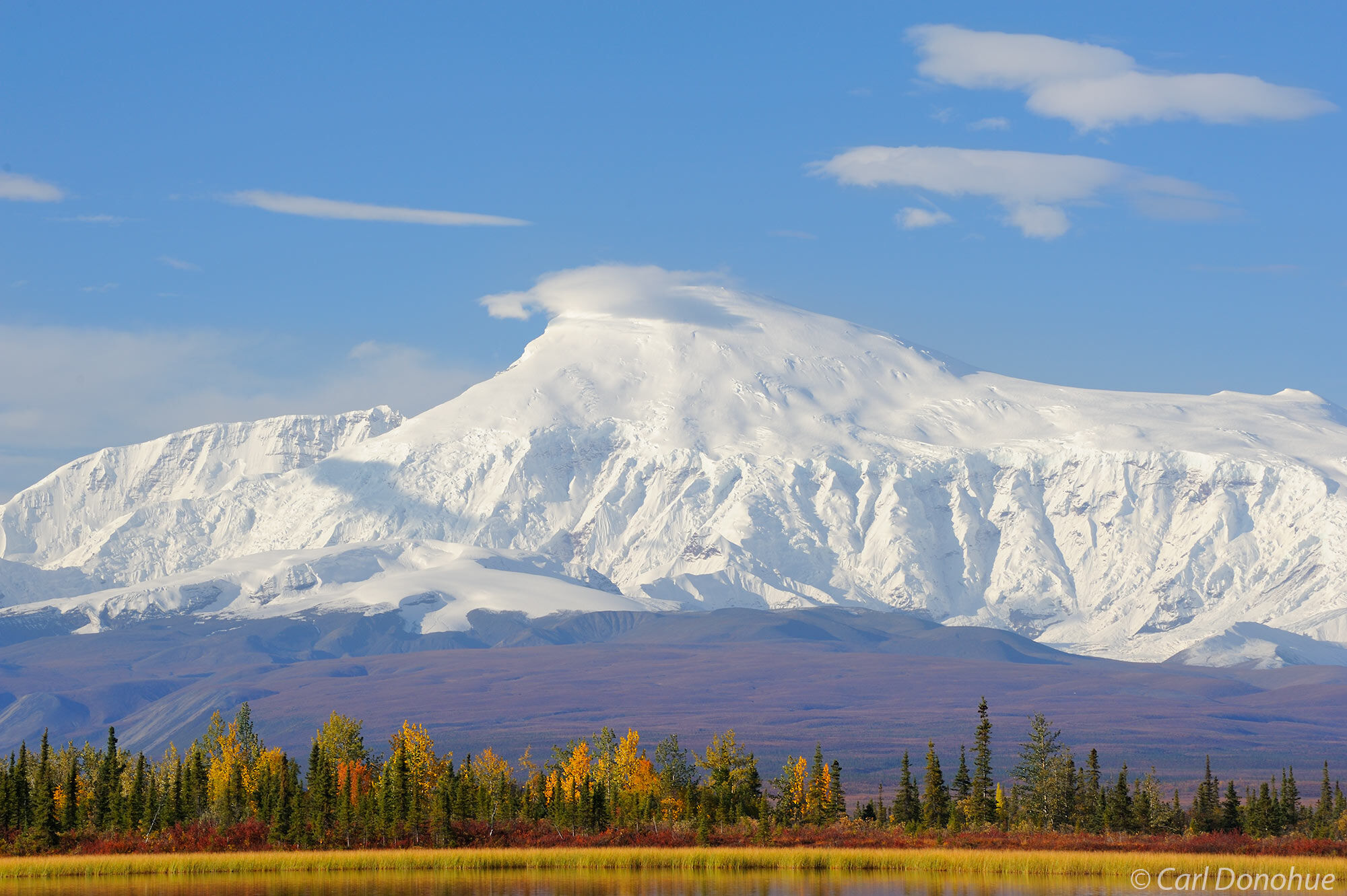 Mount Sanford, early morning, fall colors and a kettle pond, boreal forest, Wrangell - St. Elias National Park and Preserve...