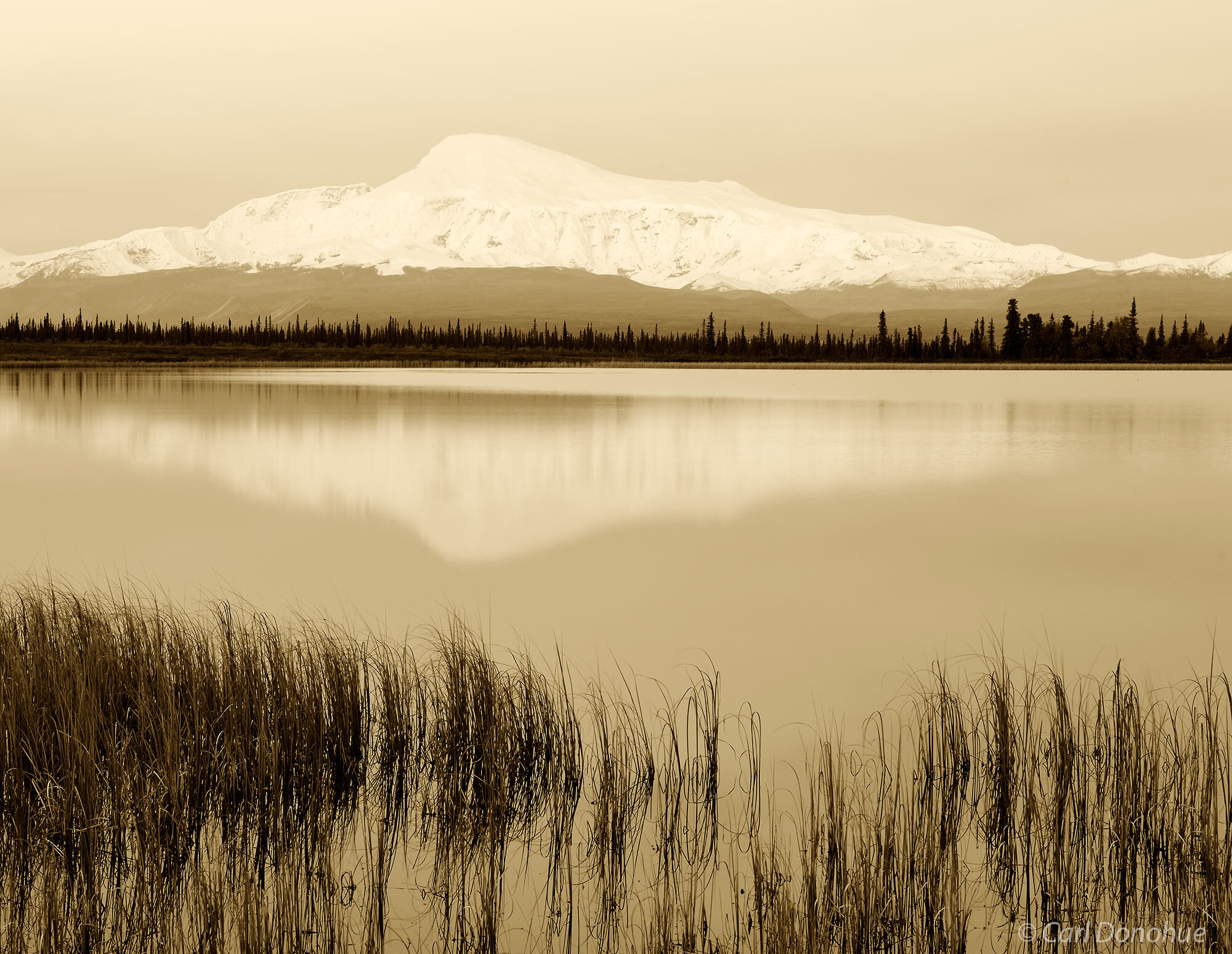 Black and white Alaska landscape photo, Mount Sanford and reflection in a kettle pond, Wrangell-St. Elias National Park and Preserve...