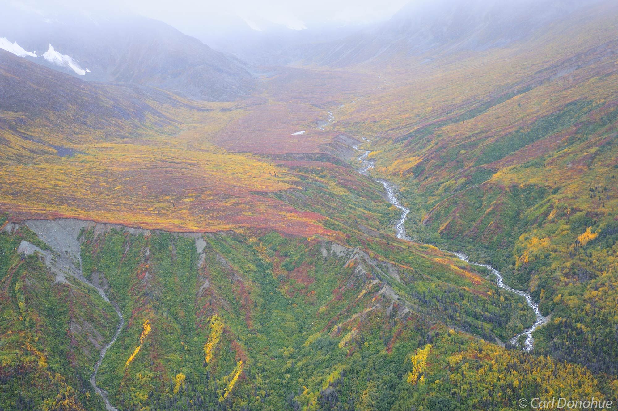 Fall colors in the eastern Chugach Mountains near Tana River, Wrangell-St. Elias National Park and Preserve, Alaska. Aerial photo...