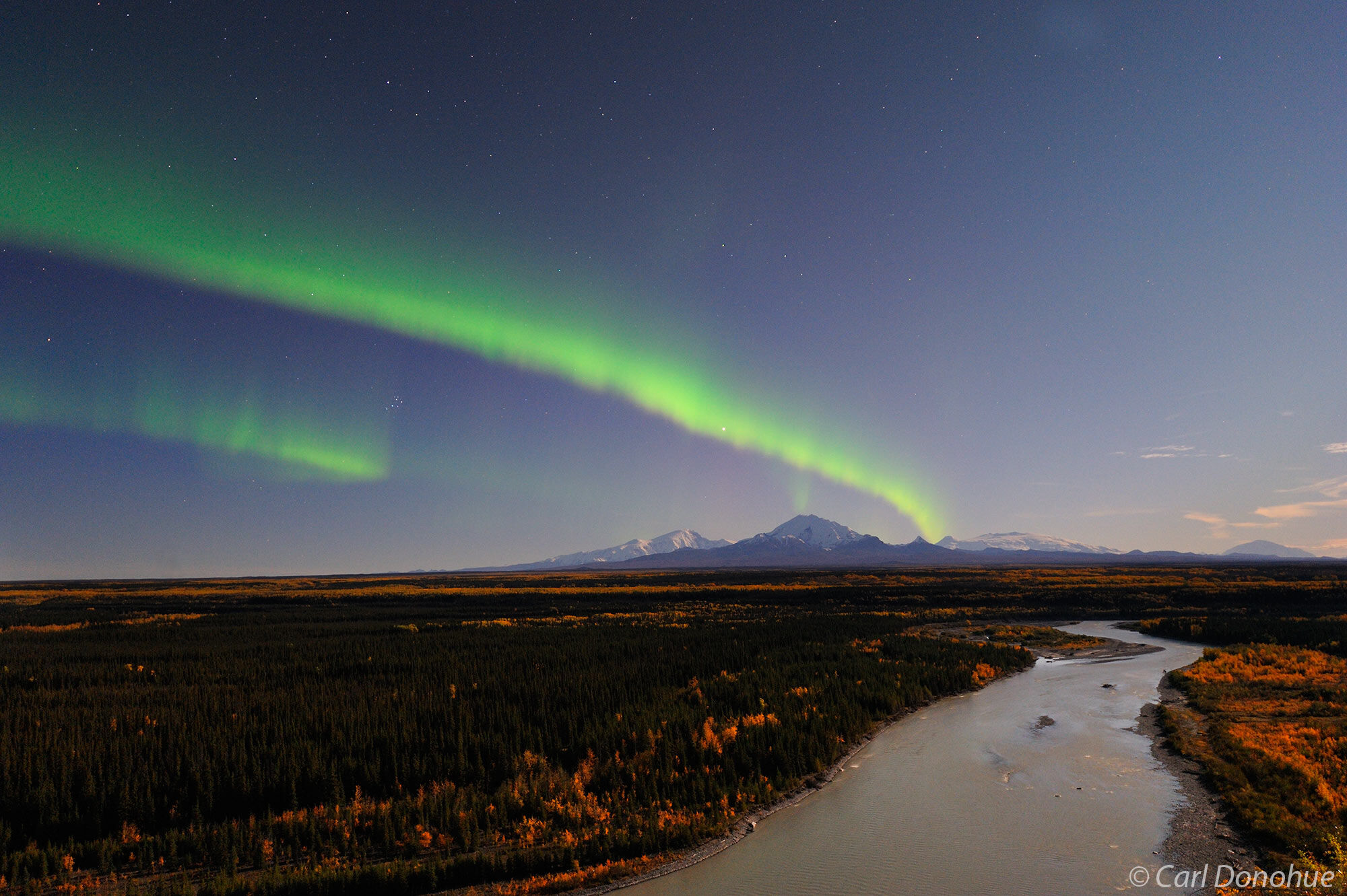 Northern lights, over the Copper River, and Mount Sanford, Mount Drum and Mount Wrangell, Wrangell-St. Elias National Park and...