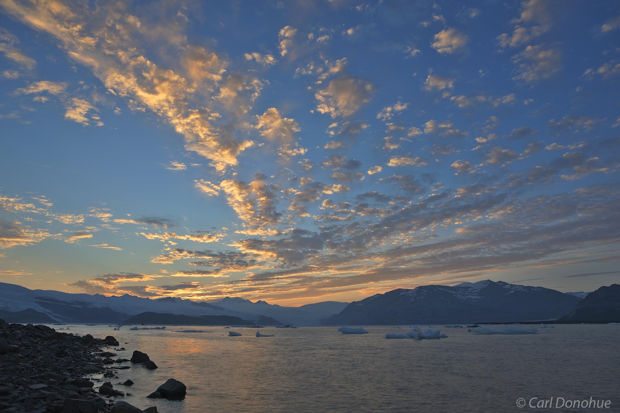 A gorgeous sunset over Icy Bay and the Guyot HIlls in Wrangell-St. Elias National Park and Preserve, Alaska.