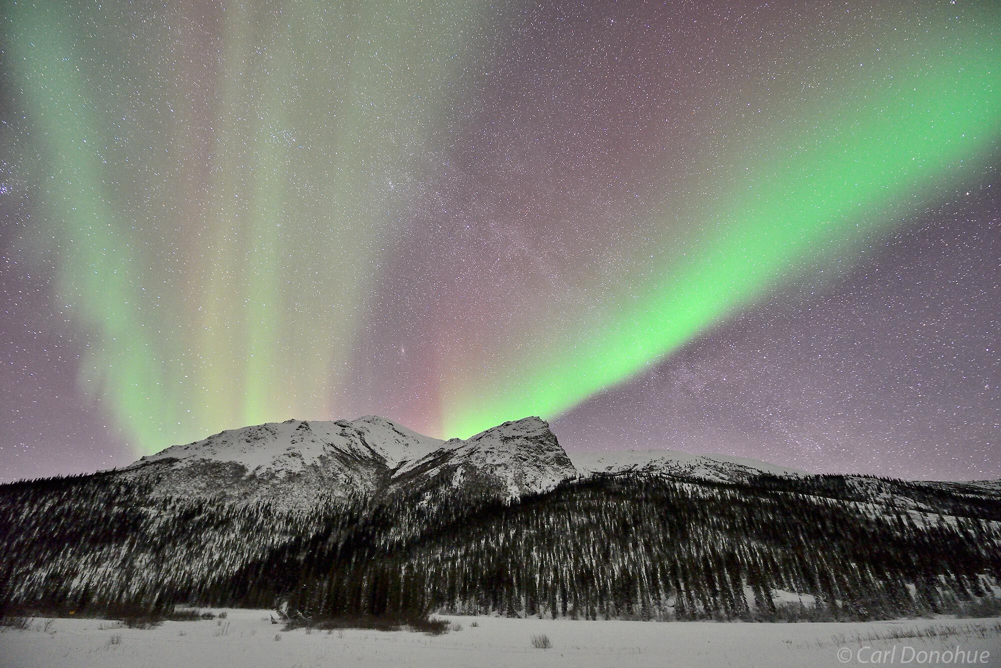 In arctic Alaska, in the dead of winter, the northern lights rise over the Brooks Mountains, the most northern mountain range...