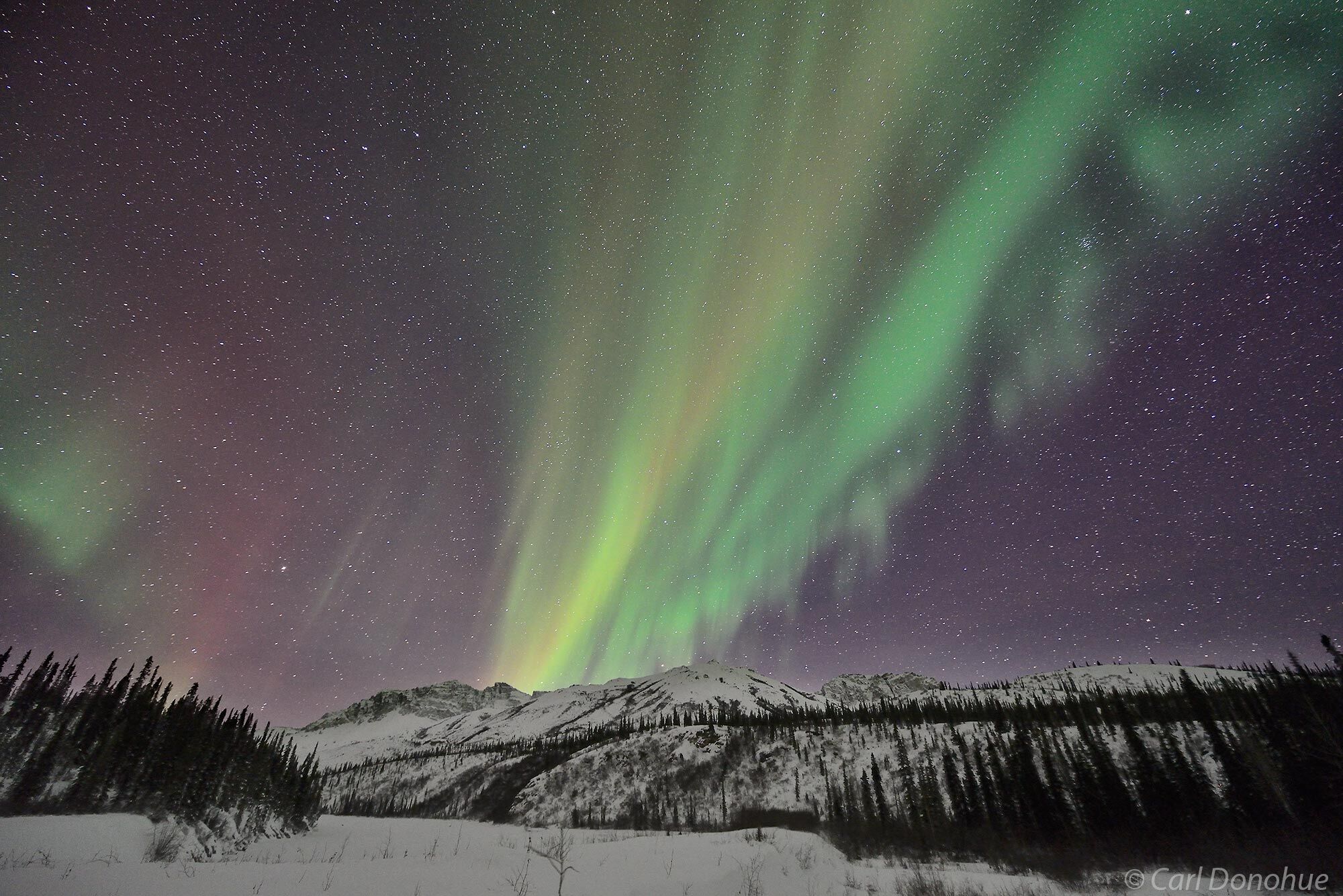 In arctic Alaska, in the dead of winter, the aurora borealis rises over the Brooks Mountains Range, the most northern mountain...