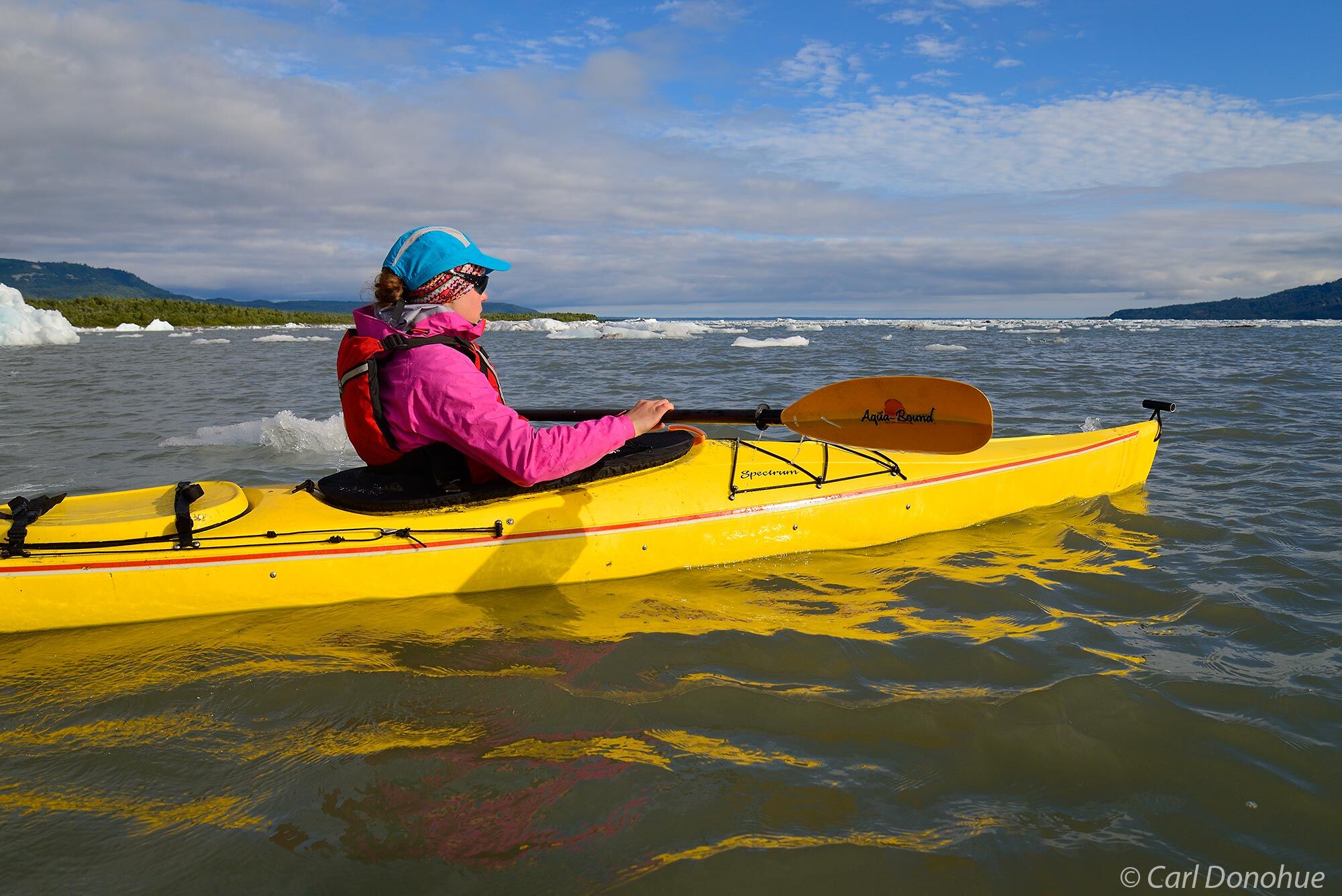 A stock photo of a young woman sea kayaking in Icy Bay, Wrangell - St. Elias Naitonal Park and Preserve, Alaska. Looking south...