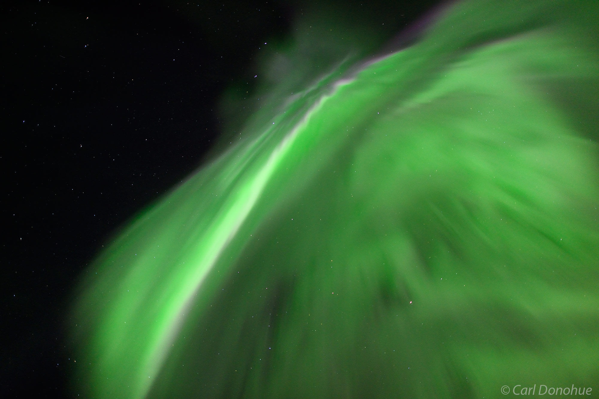 Northern lights photo, directly overhead showing the Corona, or center of the aurora borealis, in central Alaska.