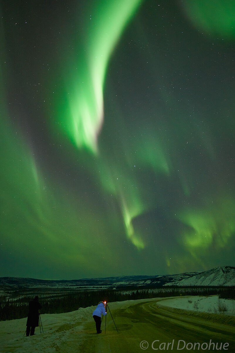 Photographers on the Dalton Highway, or Haul Road, taking photos of the northern lights, of Aurora borealis in interior Alaska...