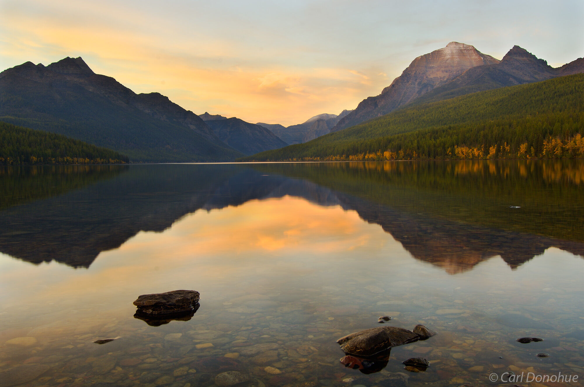 Bowman Lake, Rainbow Peak, sunset, reflection, Livingston Range, Glacier National Park, Montana.