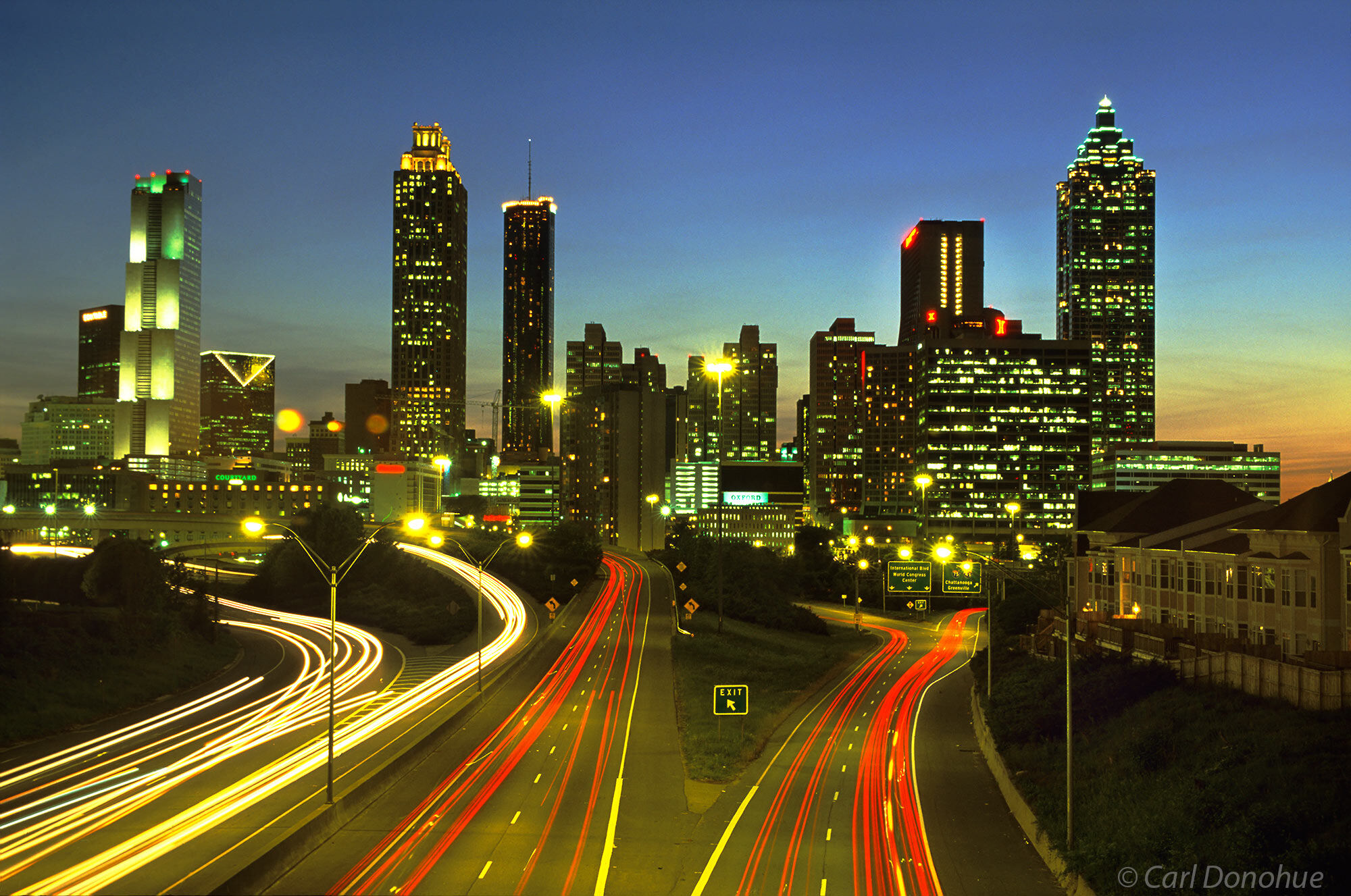 Atlanta skylines lights up as the evening sets in. City scene, Atlanta, Georgia.