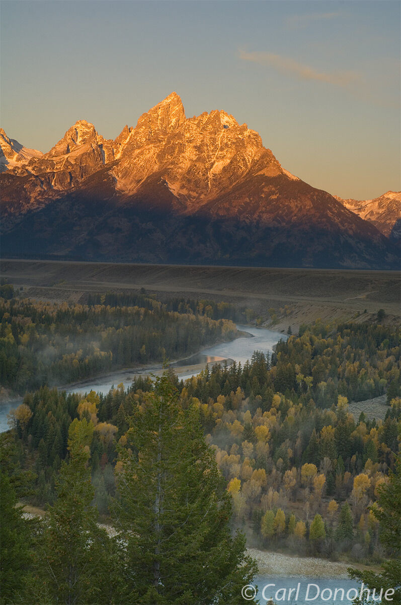 View of the Grand Tetons at dawn, as seen from the Snake River Overlook, Teton Range, Grand Teton National Park, Wyoming.