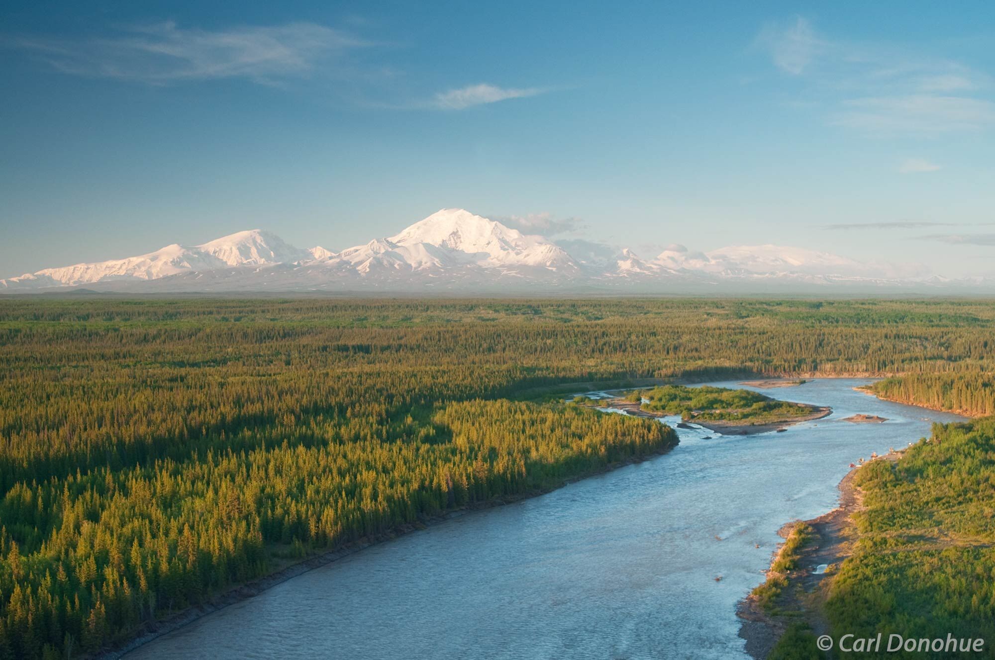 The Copper River and Copper River basin, view from Simpson Hill overlook. View toward the Wrangell Mountains (Mt. Sanford, Mt...