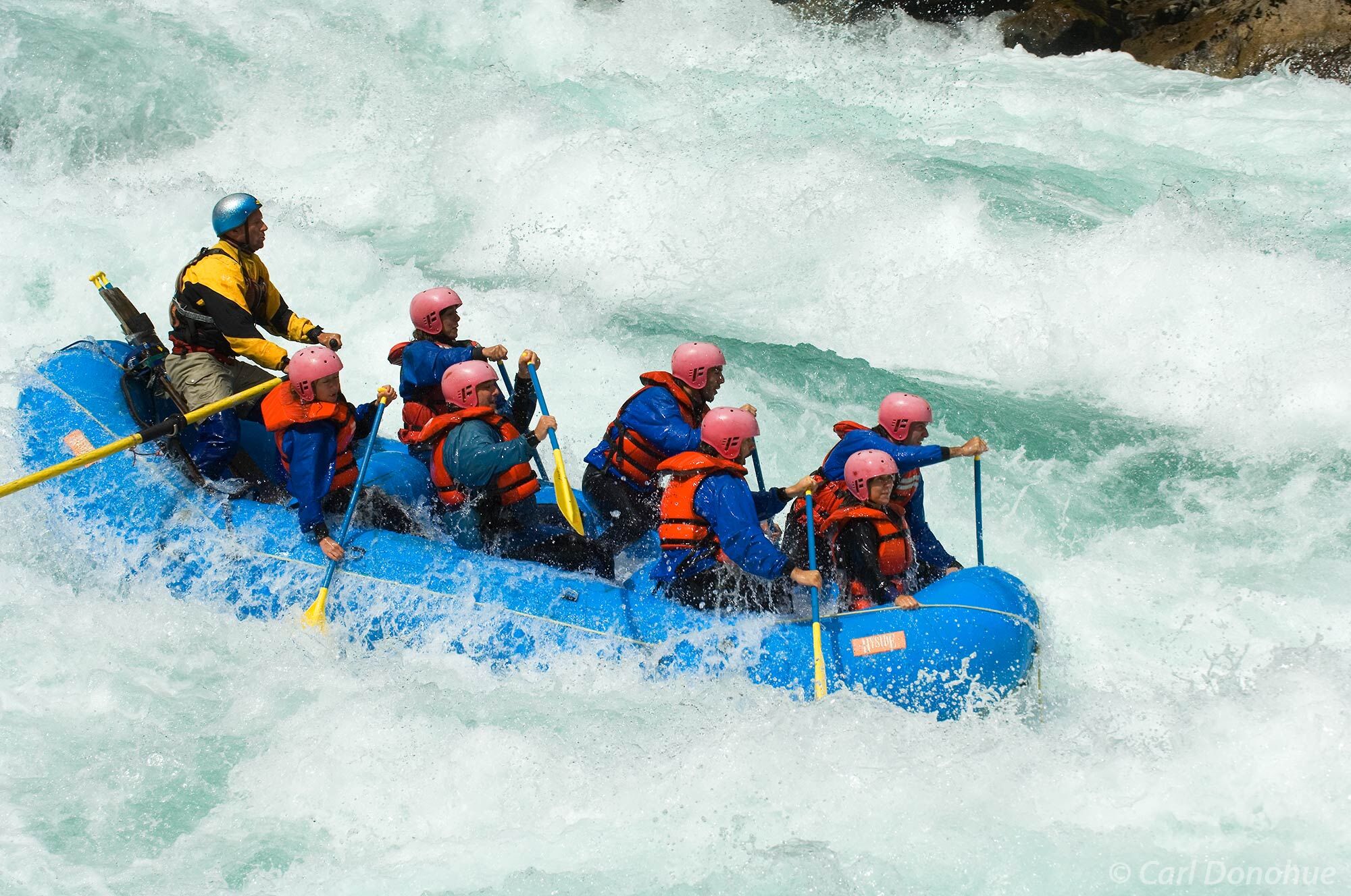 Fun and adventure Whitewater rafting on the Futaleufu River. Mondaca rapid, the Bridge to Bridge section, Puente a Puente. Rafting...