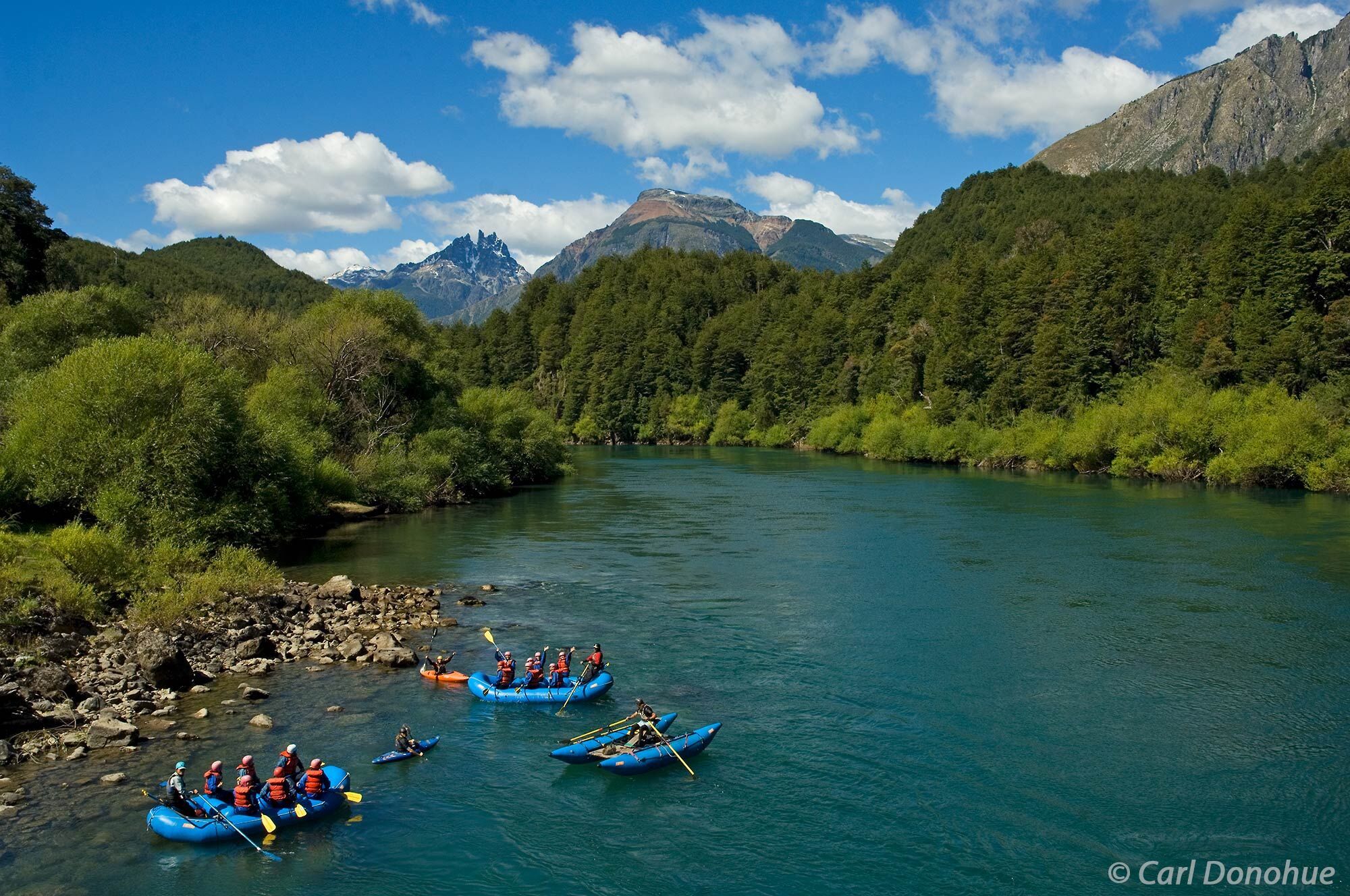Whitewater rafting adventure begins. A flatwater section on the Futaleufu River, just above "Zapata", the first rapid on the...