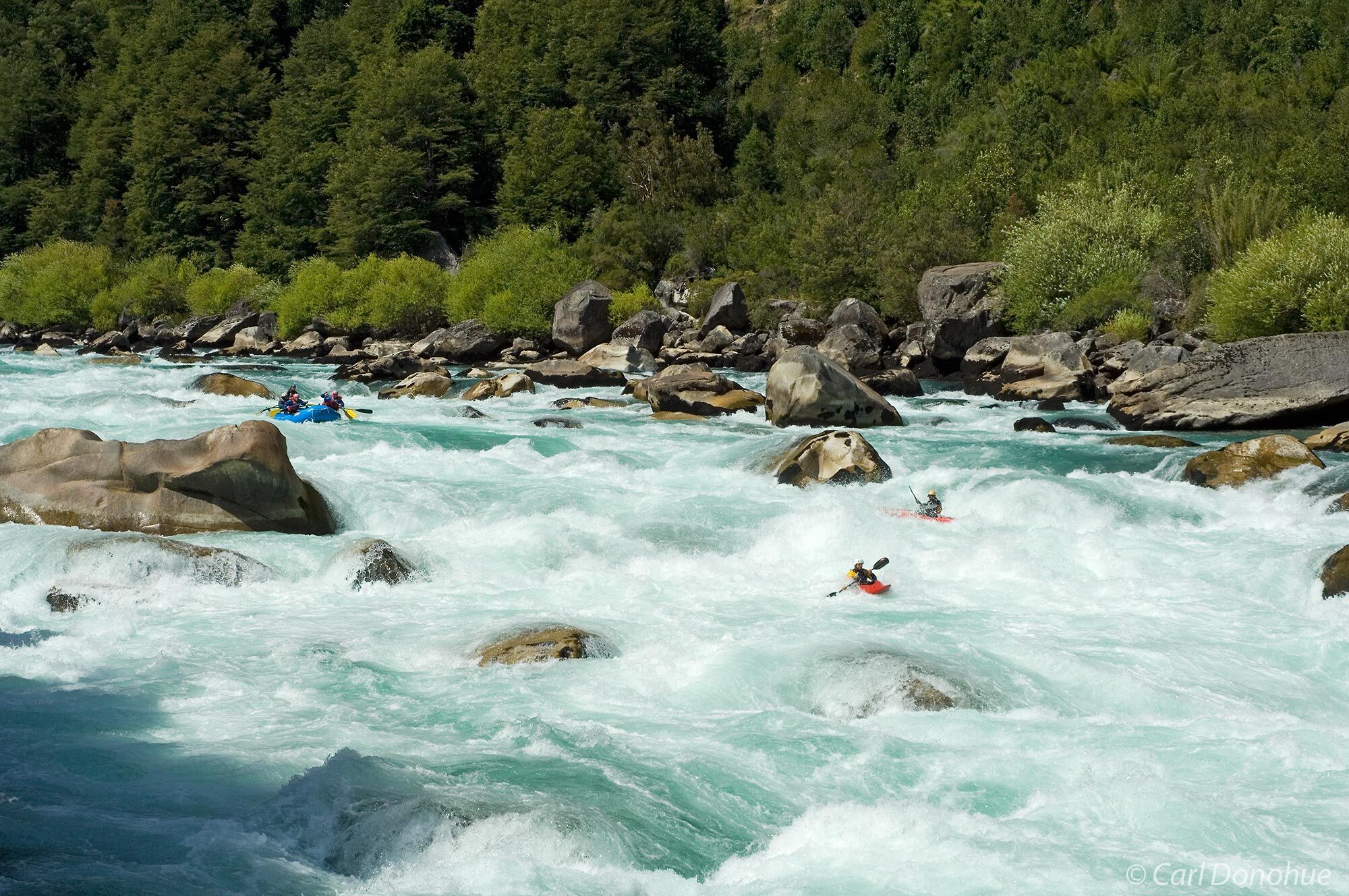 Whitewater rafters run Terminator, a Class V rapid, on the Futaleufu River in the Andes mountains, near Futaleufu, Region X...