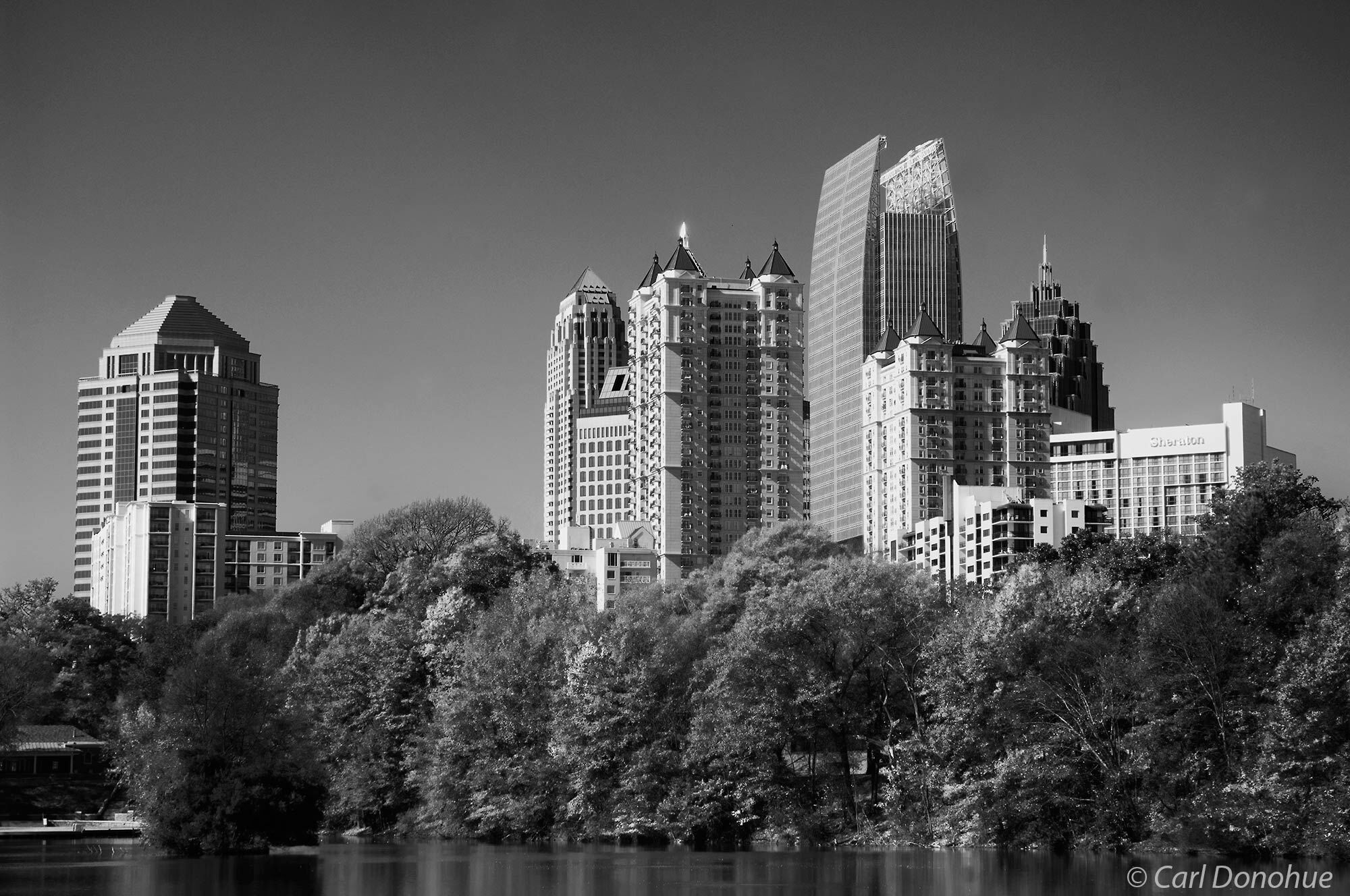 A black and white version of a photo of the Midtown Atlanta skyline, from Piedmont Park. Atlanta, Georgia.
