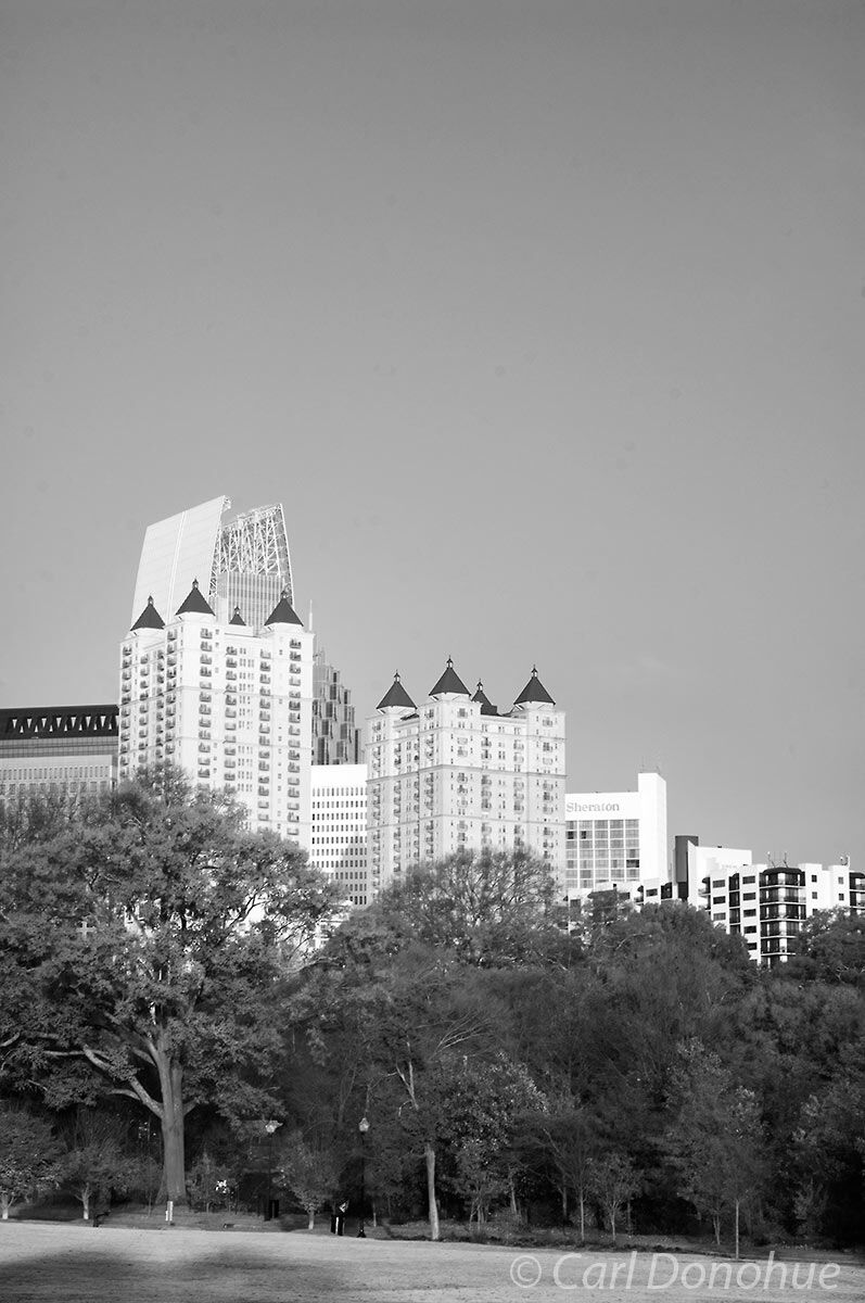 Black and white photo of the midtown Atlanta skyline, view from Piedmont Park. Atlanta, Georgia.