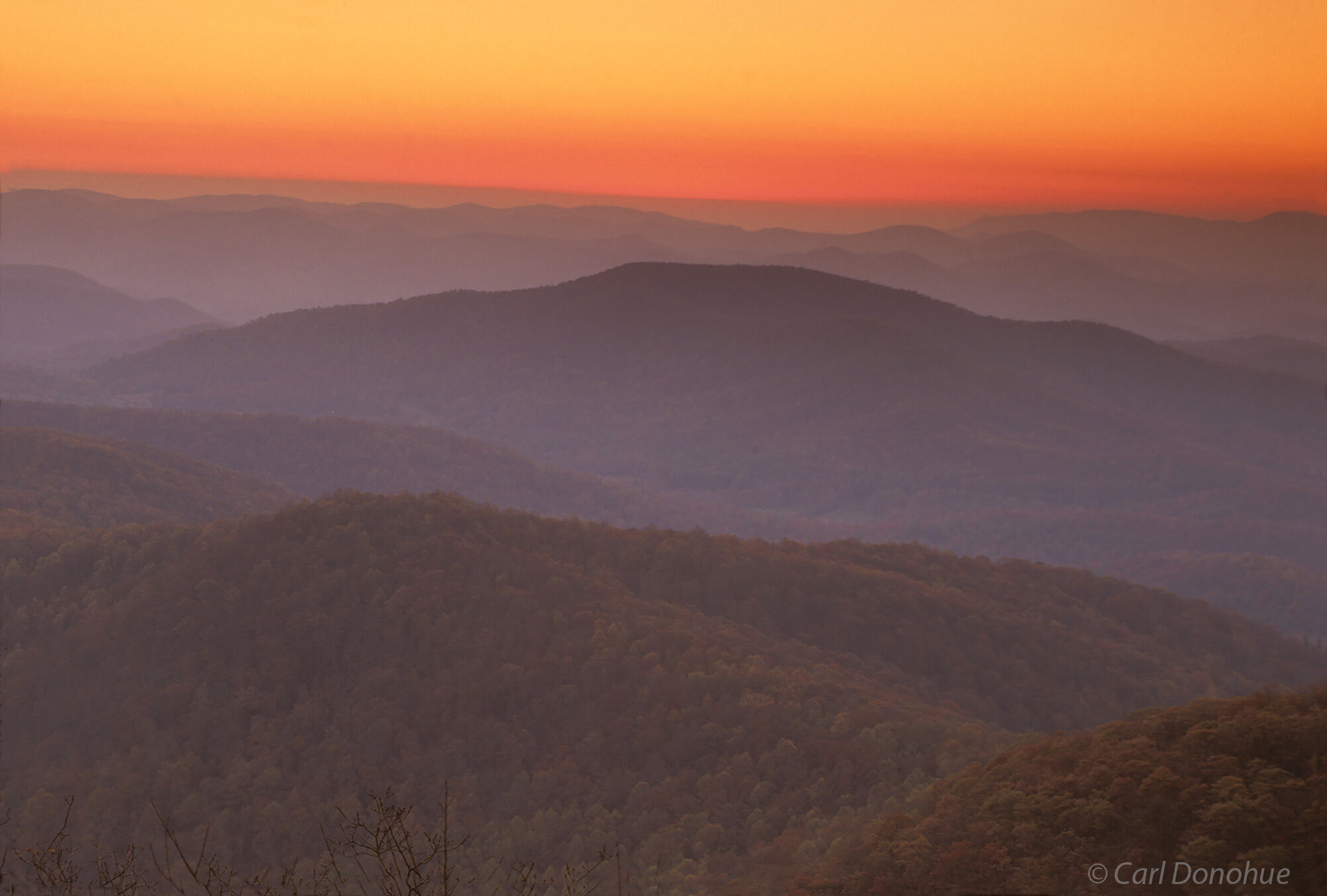 Sunset over the southern Appalachian mountains from Blood Mountain, near Neil's Gap. This is the Blood Mountain Wilderness, along...