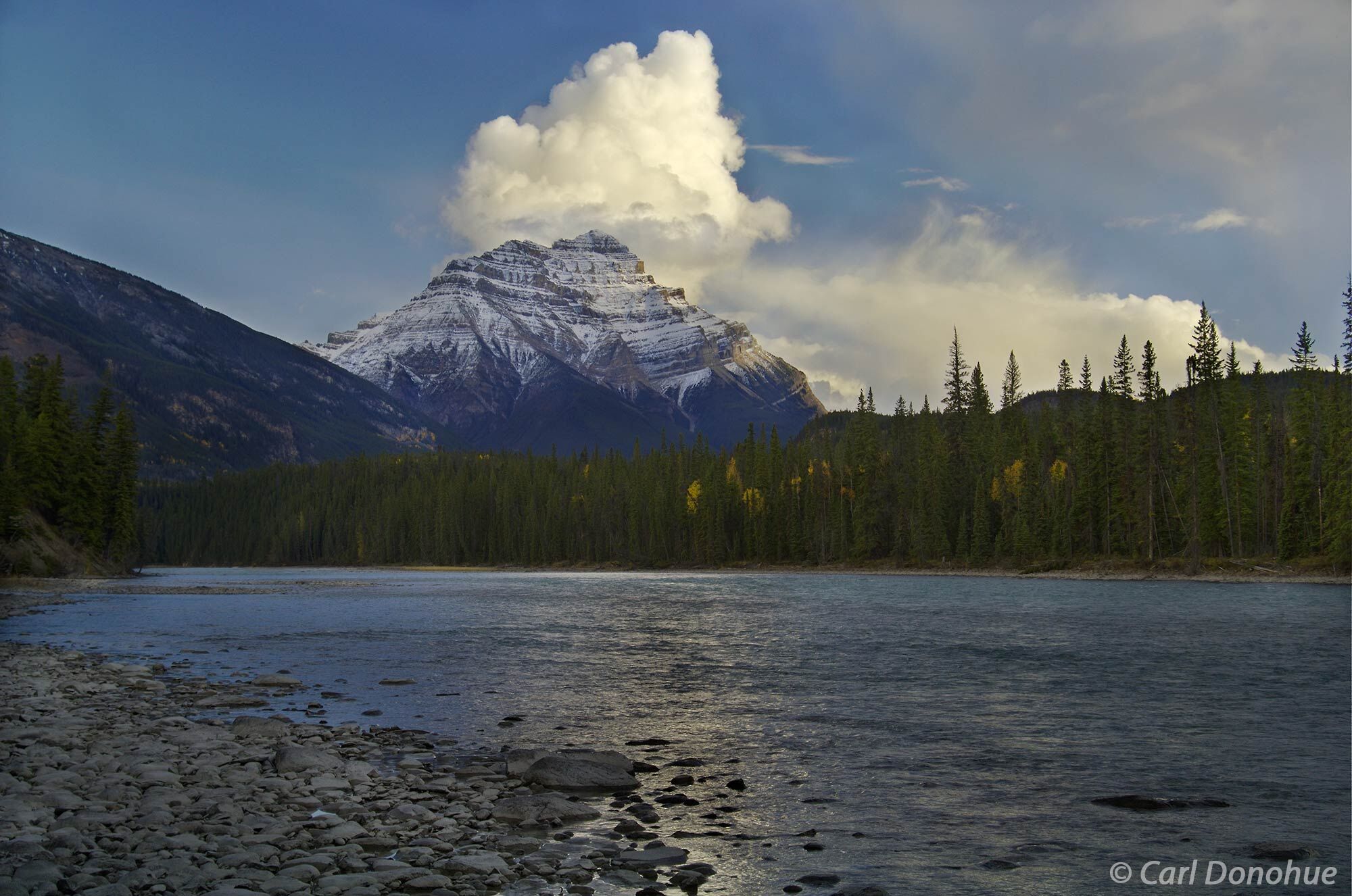 Mt Kerkeslin and the Athabasca River on a gorgeous fall afternoon, Canadian Rockies, Jasper National Park, Alberta, Canada.