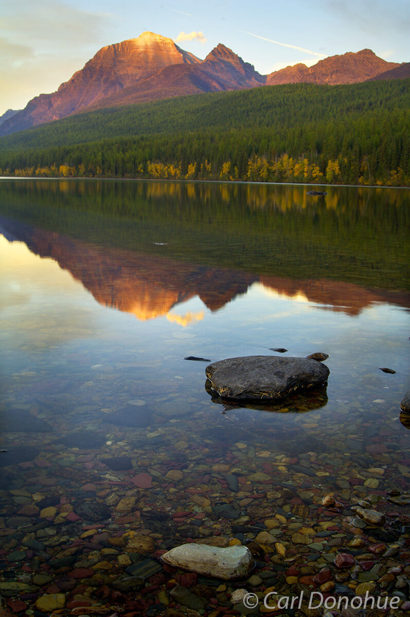 Bowman Lake, Rainbow Peak, sunset, reflection, Livingston Range, Glacier National Park, Montana.